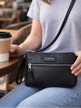 Lodis Black Pebbled Leather Crossbody Bag Minimalist Everyday Travel Compact Zip